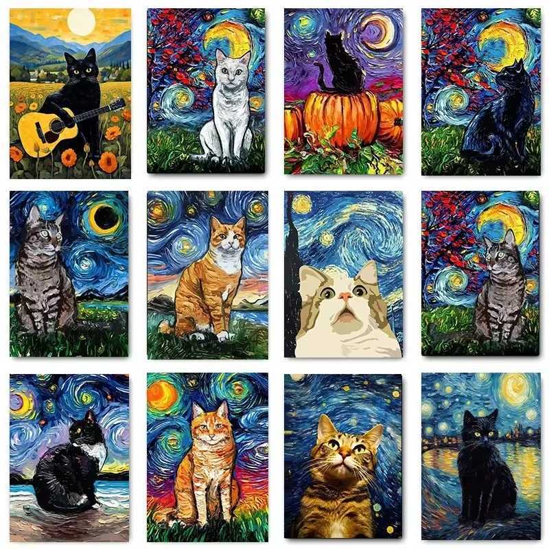 Funny Black Cat Starry Night Van Gogh Artwork Canvas Oil Painting Abstract Cute Wall Art Poster Print for Ro He Decor Y250218