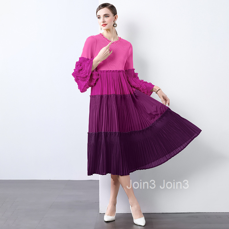 Miyake Color Blocking Splicing Pleated Nail Bead Trumpet Sleeve Large Swing Skirt Feeling Cake Skirt Dress for Women
