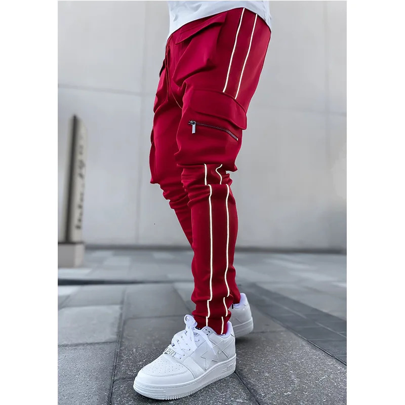 Spring and summer commodity pants mens fashion elastic multi pocket reflective straight leg sports casual pants 250214