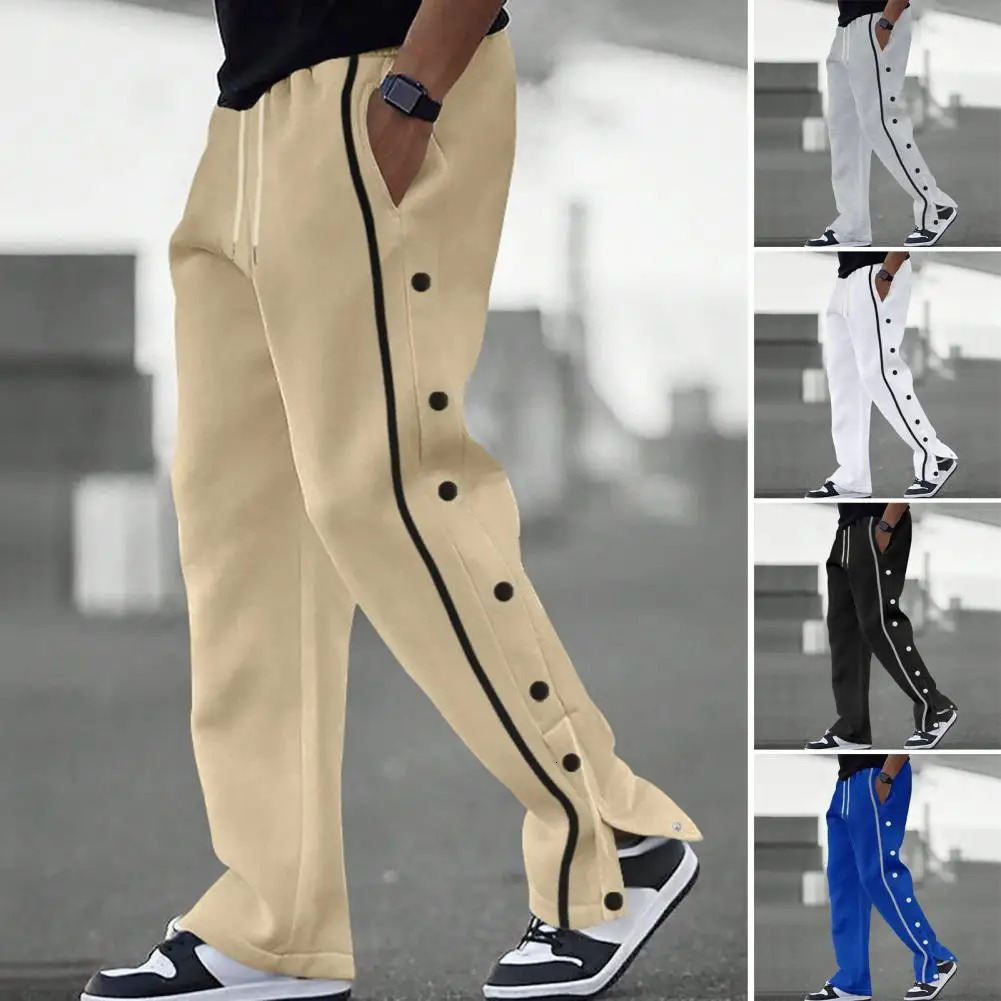 Elastic Waistband Pants Pocket Trousers Mens Loose Fit Sweatpants with Side Pockets Drawstring Waist Button for Beach250214