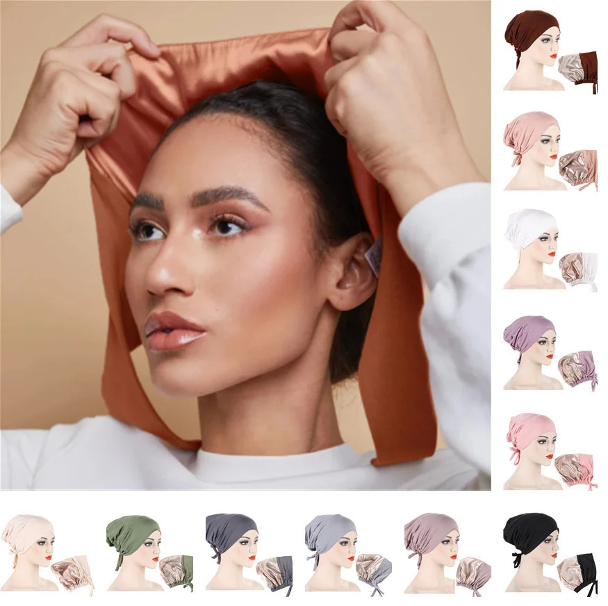 Double Layer Modal Satin Hijab Cap Islam Undercap with Tie Bonnet Instant Hijabs for Women Turkish Scarves Muslim Turban Bandana 250221