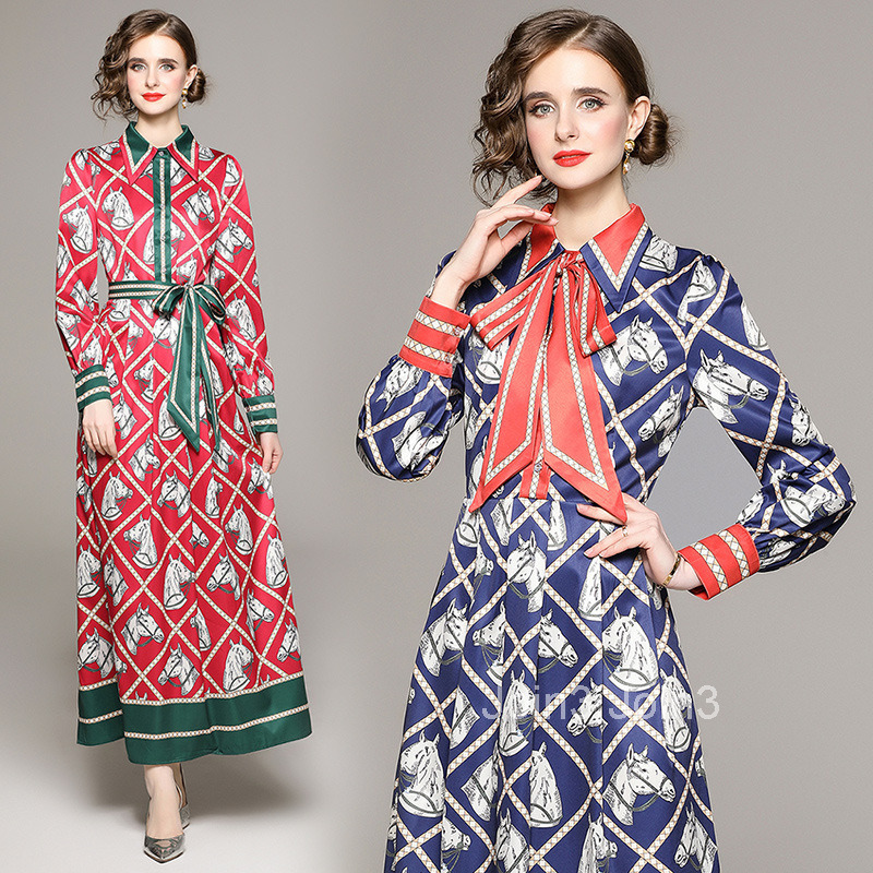 Fashion Checkered Animal Printed Long Skirt with Bow Tie Dress and Tie