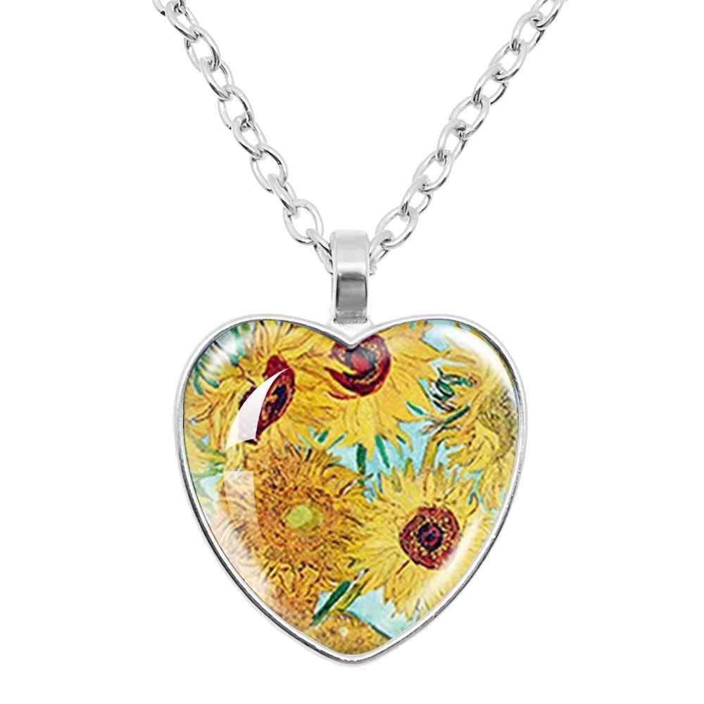 Fashion Van Gogh Art Starry Night Sunflower Necklace Glass Cabocon Painting Heart Pendant Printed Photo Necklace W250221