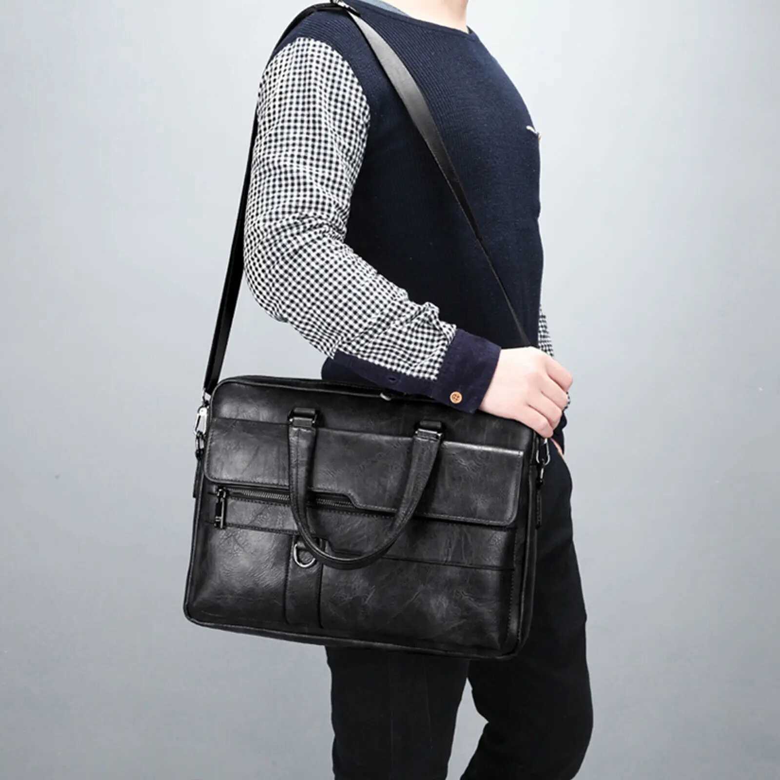 Mens Oil Waxy Leather Antique Design Black Business Briefcase 16 Laptop Document Case Attache Messenger Bag Tote Portfolio Z250220
