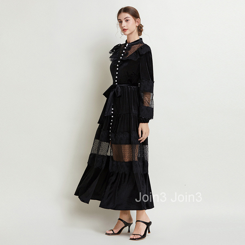 Autumn/winter New Womens Velvet Grand Swing Long Dress with Waist Cinching Style Lantern Long Sleeve Dress