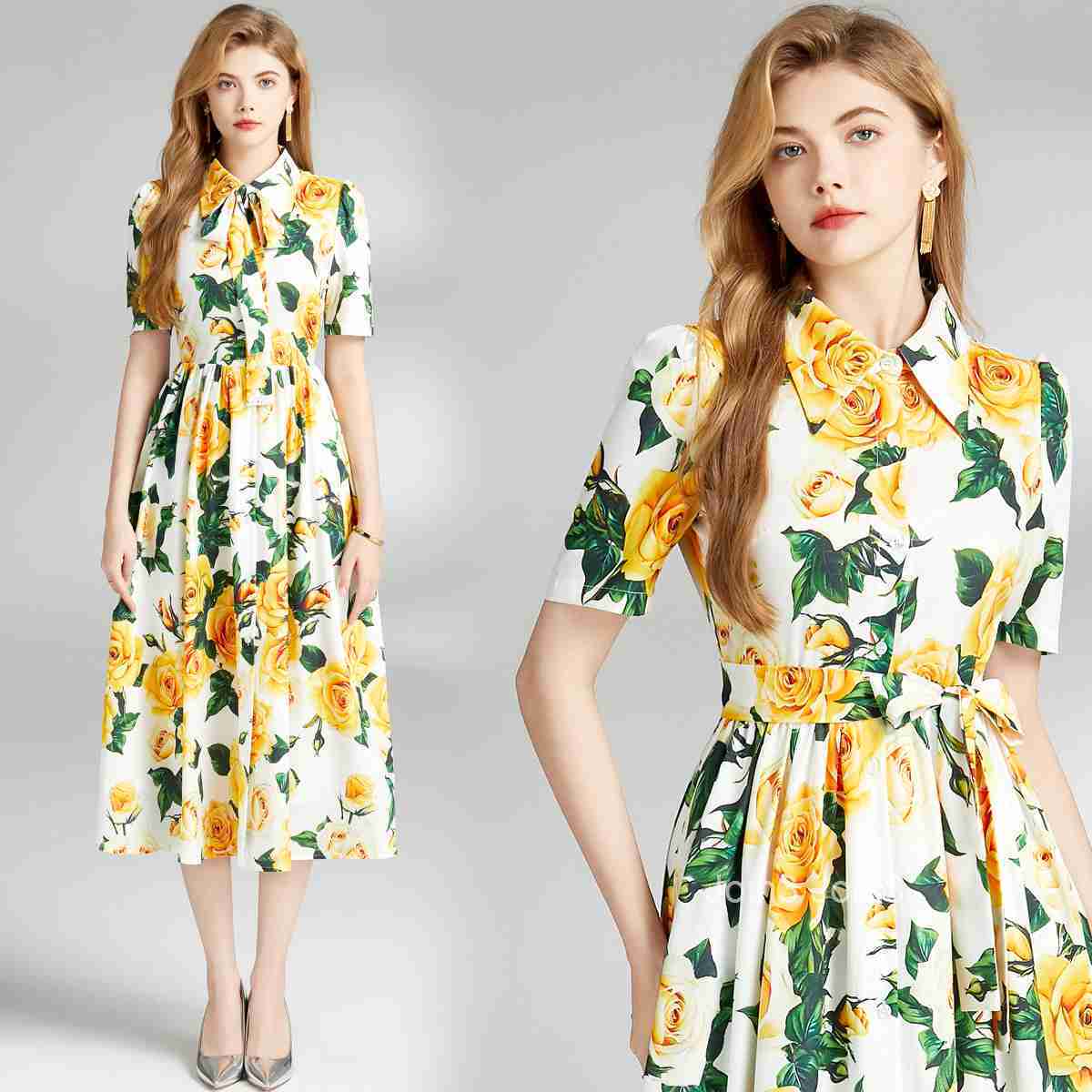Summer New Womens Clothing Style Collar Short Sleeve Waist for Slimming Printed Long Dress