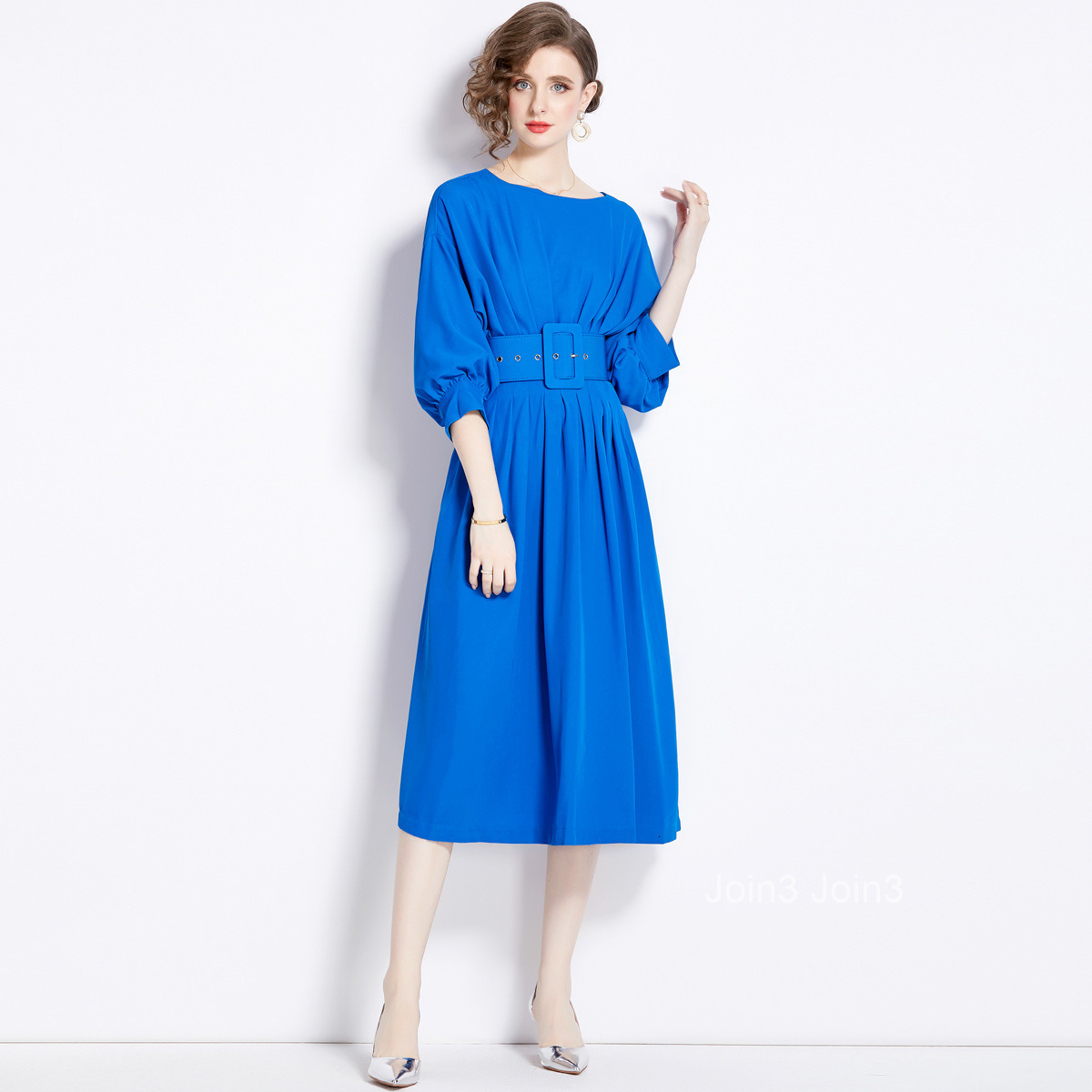 Spring and Autumn womens clothing temperament solid color bat sleeves high waist slimming pleated skirt dress (with belt)