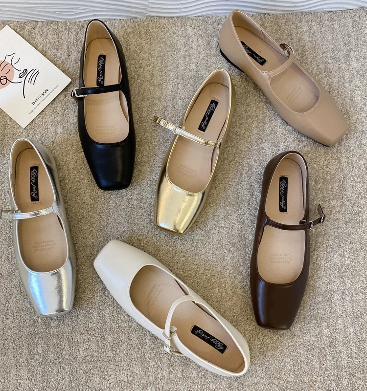 Fashionable French Square Head Silver Mary Jane Womens Shoes Comfortable Flat Bottom Soft Sole Ballet Dance Shoes 250221