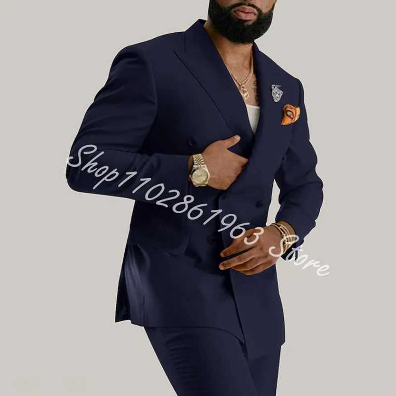 New Fashion Men Suits Peak Lapel Double Breasted 2 Pieces Best Men Groom Wedding Party Tuxedos Blazer Pants Mens SuitsXJ250222