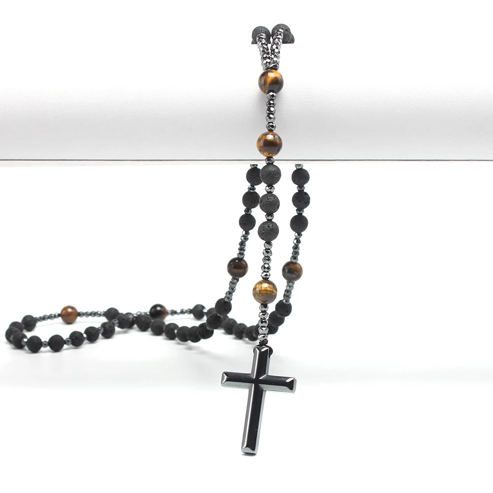 Natural Lava Stone Tiger-eye Hematite Cross Pendant Necklace Rosary Handmade Jewelry for Men 250217