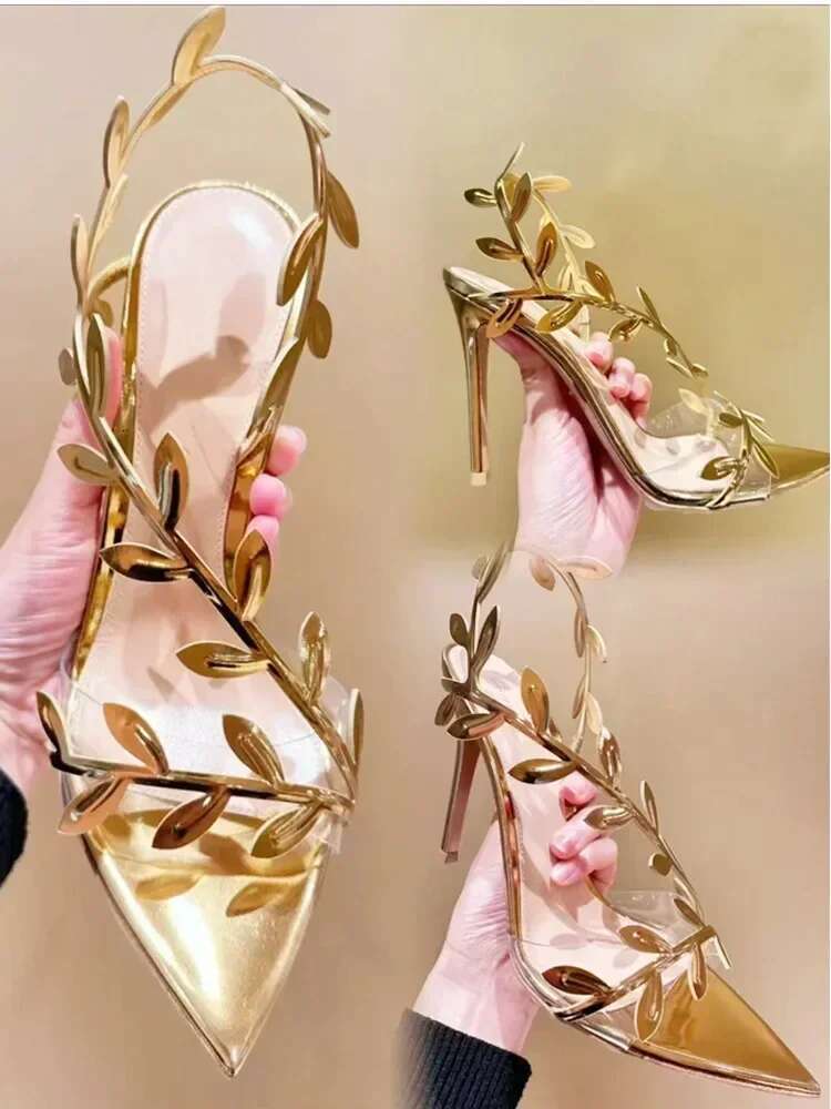 Gold Leaf Patent Leather Design High Heels Women Summer Sexy Pointed Toe Thin Heeled Sandals Elegant Banquet Dress Shoes