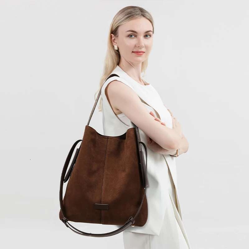Oversize Women Suede Leather Winter Bags Frosted Handbag And Purses Retro Lady 2In1 Tote Bucket Bag With Hanging Ears