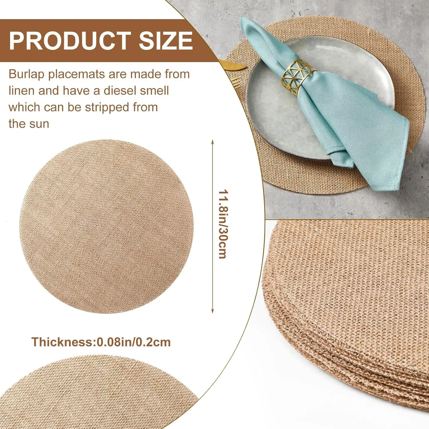 20-60 Pieces Burlap Round Placemats Heat Resistant Jute Table Mat Circle Rustic Table Decoration Wedding Dinner Farmhouse Supply 250221