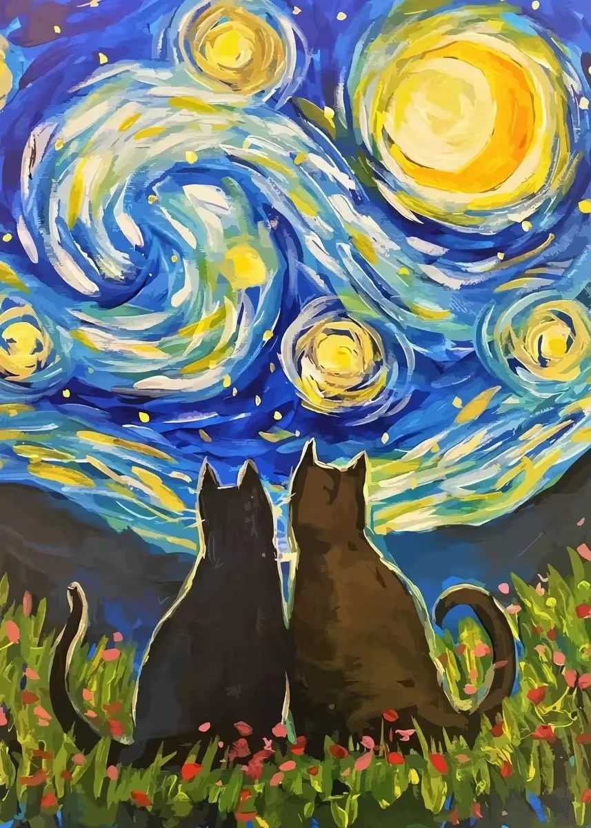 Funny Black Cat Starry Night Van Gogh Artwork Canvas Oil Painting Abstract Cute Wall Art Poster Print for Ro He Decor Y250218