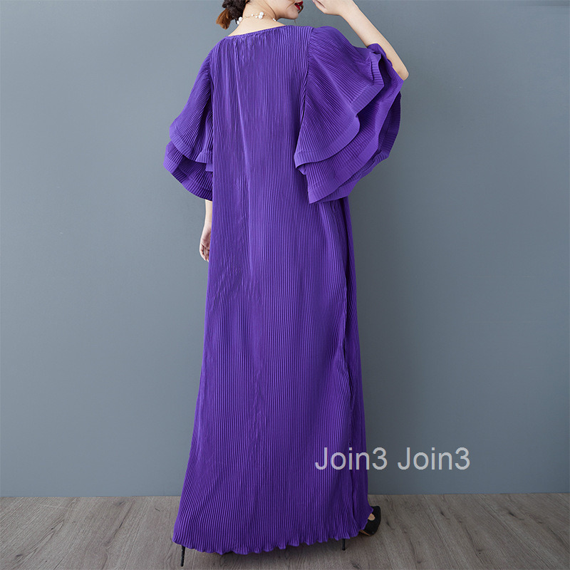 Spring and Autumn New Hundred Fold Long Dress Fashion Round Neck Lotus Leaf Sleeves Loose and Slim Ladies Long Dress