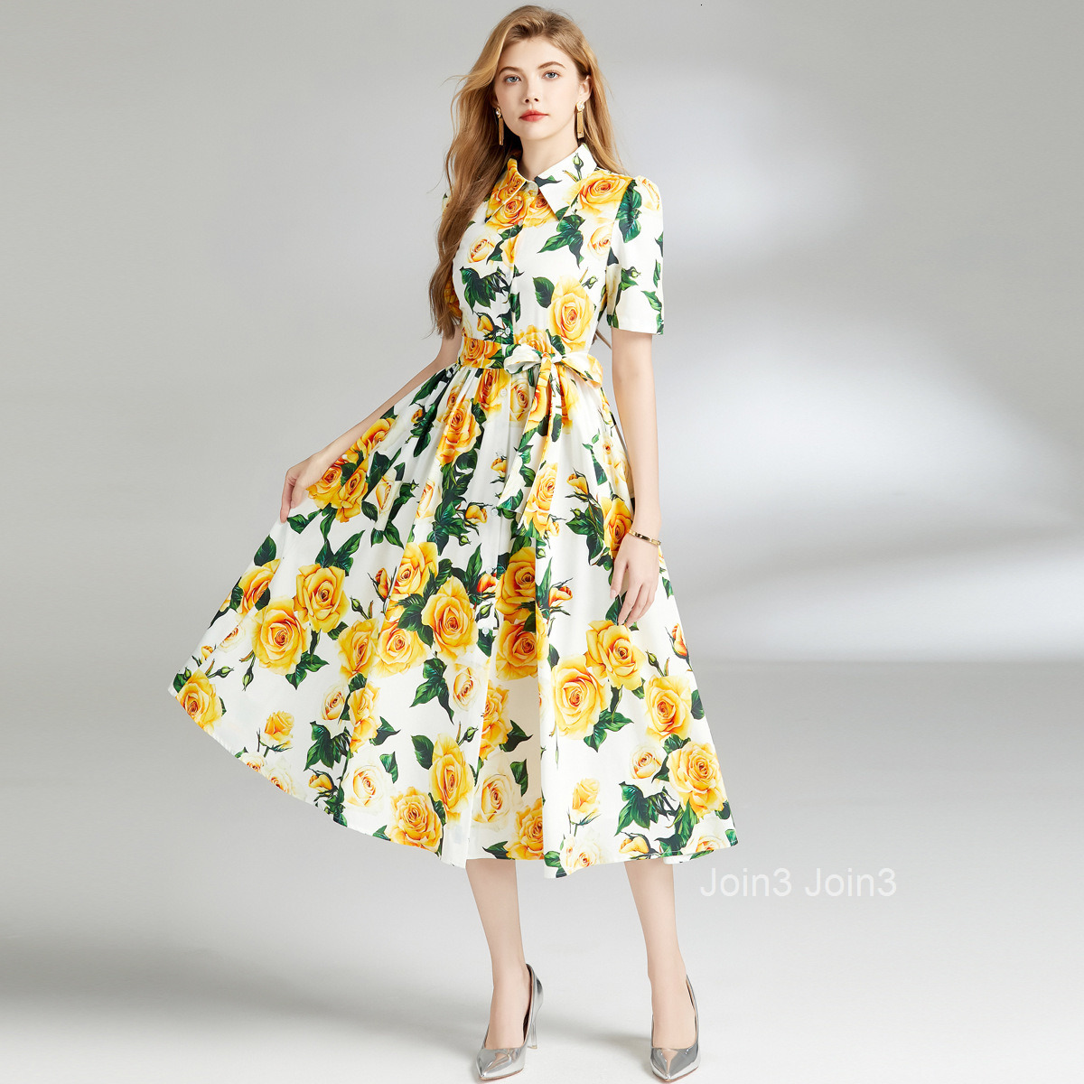 Summer New Womens Clothing Style Collar Short Sleeve Waist for Slimming Printed Long Dress