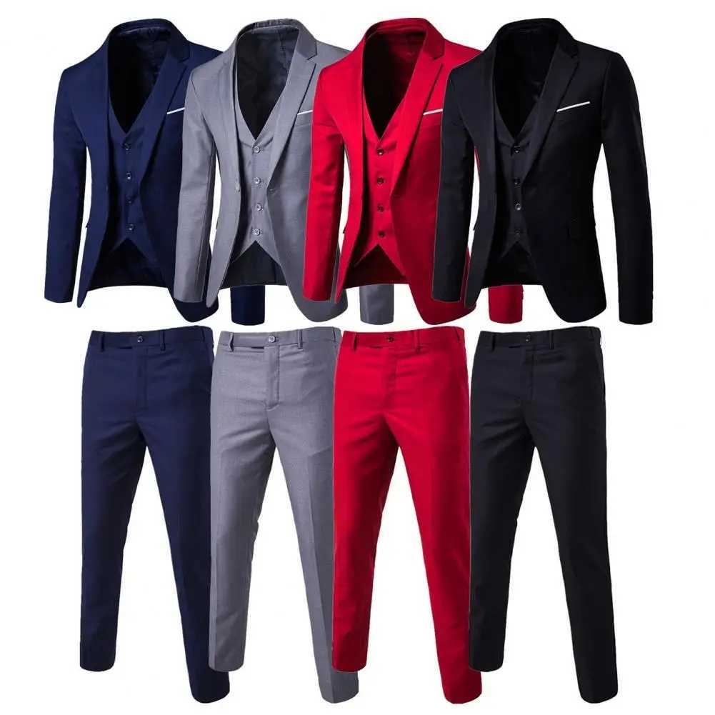 1 Set Men Blazer Vest Pants Set Solid Color Turndown Collar Groom Suit Single-Breasted Vest Coat Zipper Closure TrousersXJ250222
