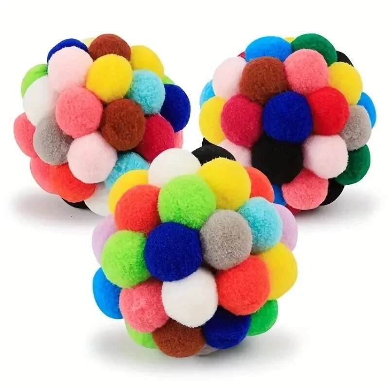 3PCS Toys Plush Toy Pet Elastic Bell Self Hi Playing Cat Colorful Woolen Ball