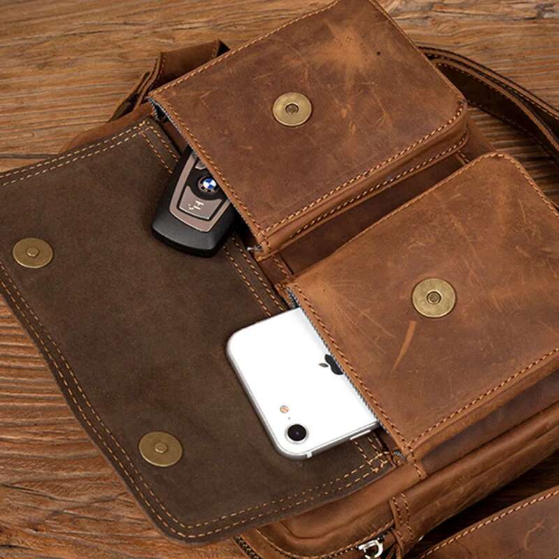 JLFGPJ Handmade Crazy Horse Leather Crossbody Small Backpack Men's Head Layer Cowhide Vintage Leisure Shoulder Messenger Bag