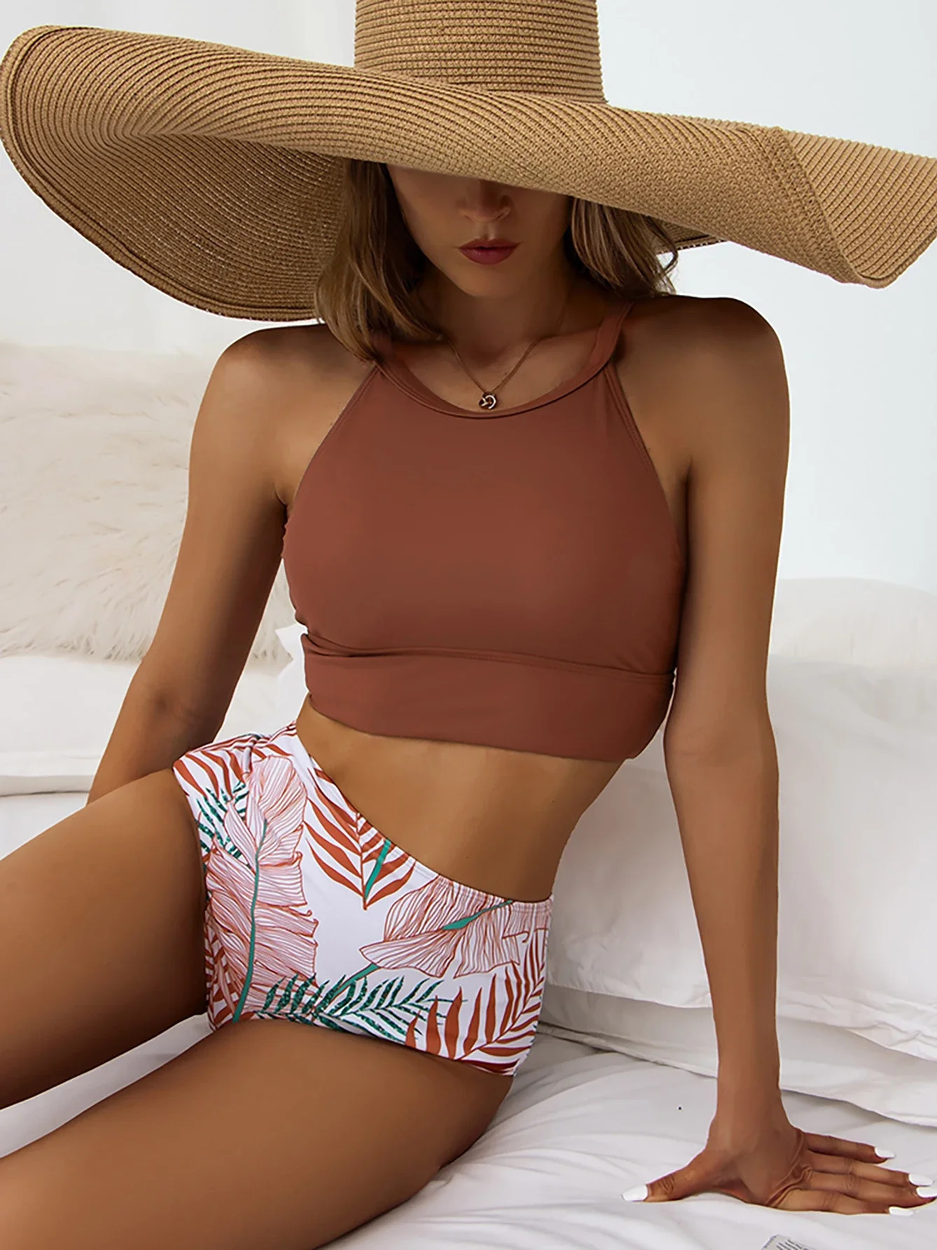 Sexy Bikini 2024 Womens High Neck Swimsuit Two Piece Waist Set Beach Wear 250321