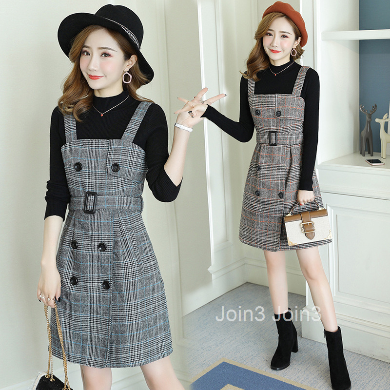 Autumn High Collar Sweater+Woolen Strap Dress Two Piece Set Korean Version Slimming and Slimming Plaid Medium to Long