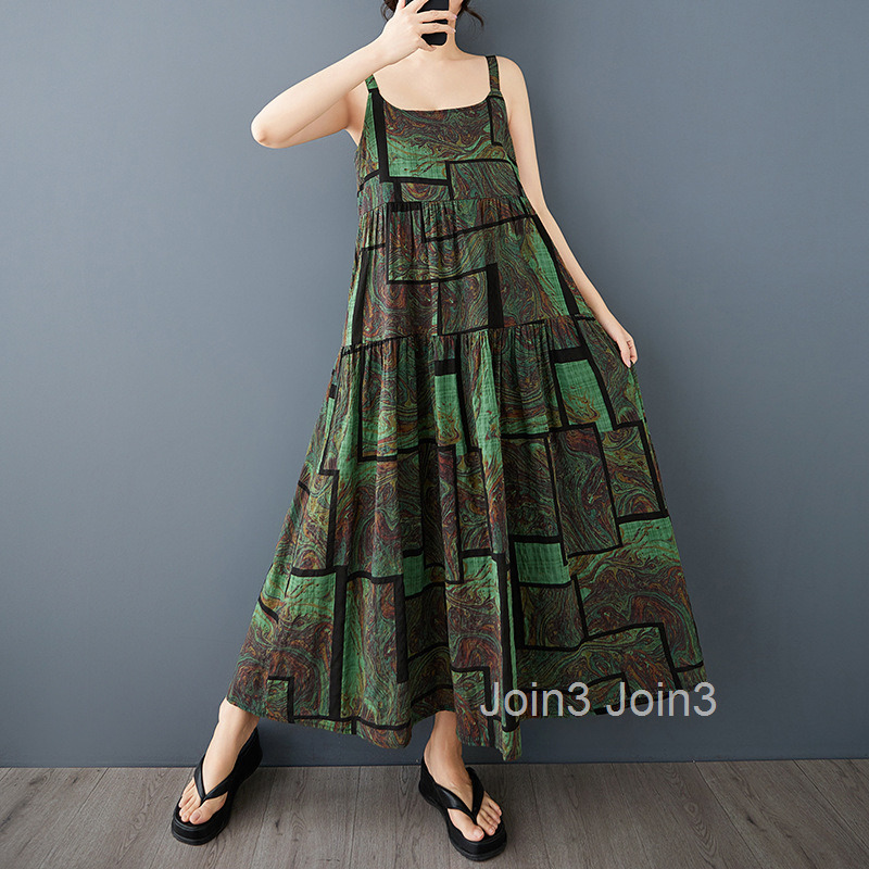 Spring/Summer New Printed Strap Skirt Loose Large Ethnic Style Casual Word Dress