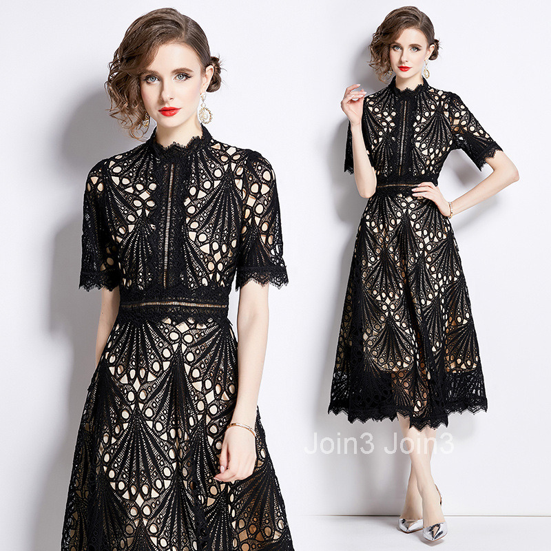 Summer New Womens Clothing Style Fashion Lace Dress Hook Flower Embroidery Large Swing Long Dress