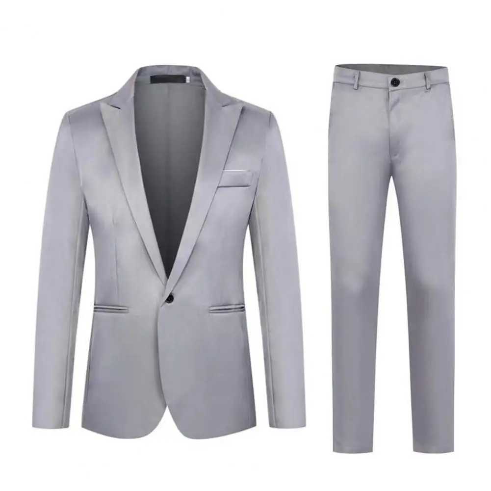 Mens Slim Fit Pants Set Mens Slim Fit Business Suit Set with Single Button Long Pants Spring Autumn Solid Color Lapel DesignXJ250222