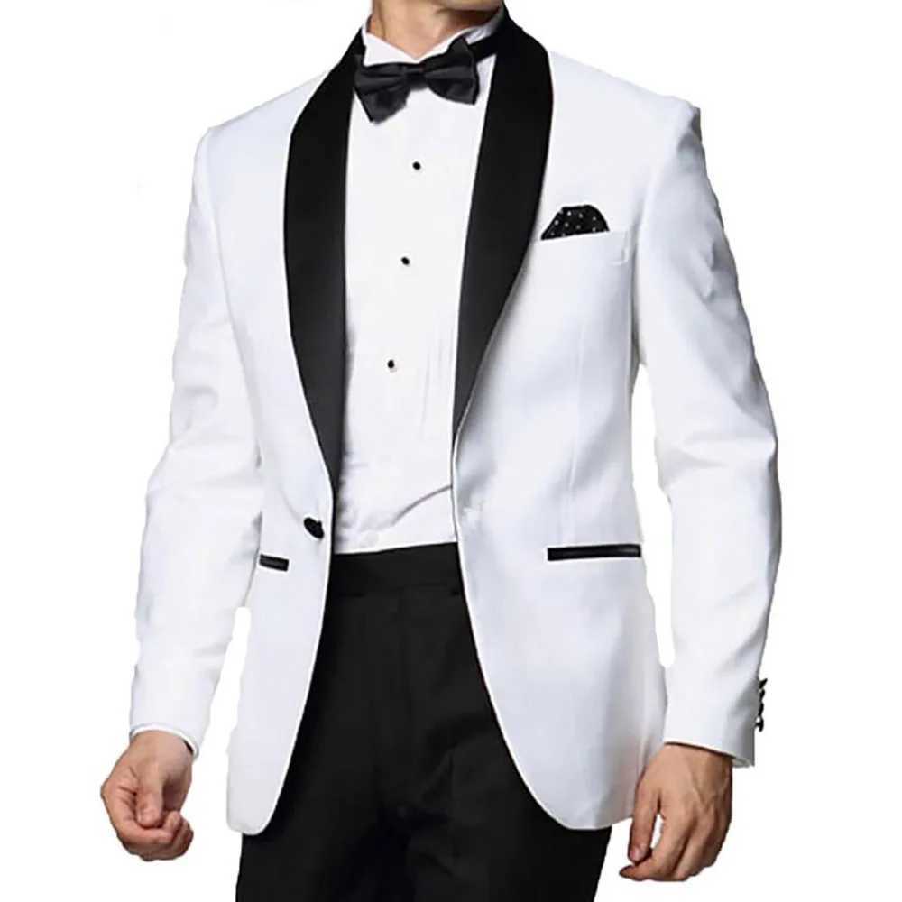 White One Button Mens Suits Elegant Wedding White Jacket 1 Piece Black Shawl Lapel Slim Fit Coat Luxury Male Clothing BlazerXJ250222