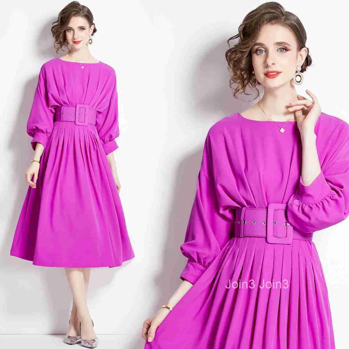 Spring and Autumn womens clothing temperament solid color bat sleeves high waist slimming pleated skirt dress (with belt)