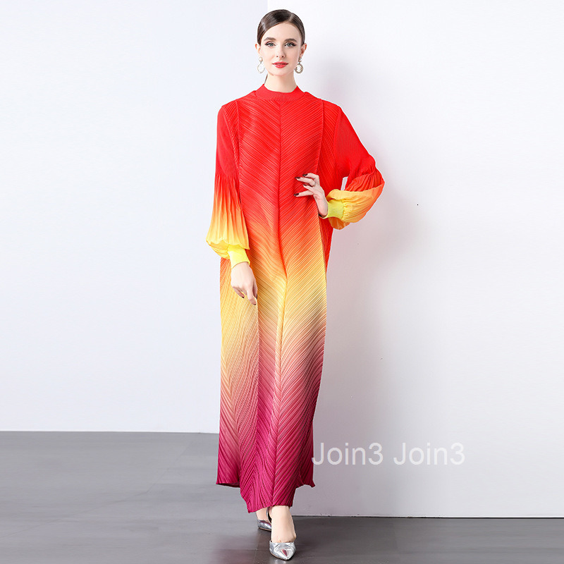 pleated gradient long skirt womens fashion temperament loose plus long sleeved stand up collar dress