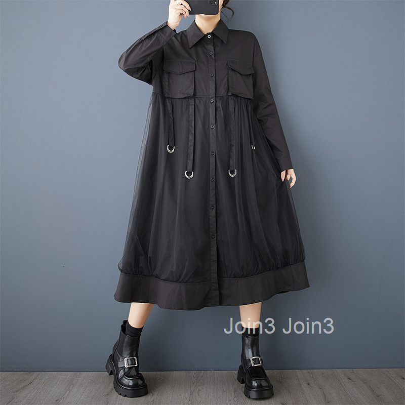 Spring and Autumn New Loose Dark Art Design with Wrinkle Splicing Mesh Casual Fashion Dress