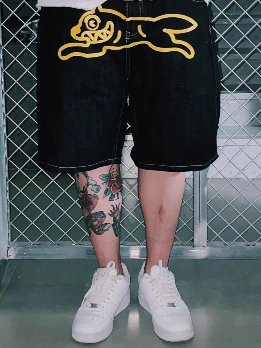 Dog Embroidered Jeans Men Shorts Skull Head Pocket High Elastic Feet Middle Pants Worn Out 3D Print Zipper Slim Fit Street2 250214Z