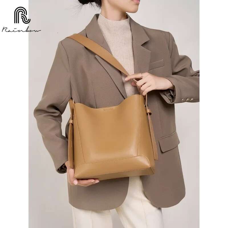 RAINBOW Ladies Split Leather Bucket Bags Female Commute Messenger Adjustable Shoulder Strap Women Casual Handbag