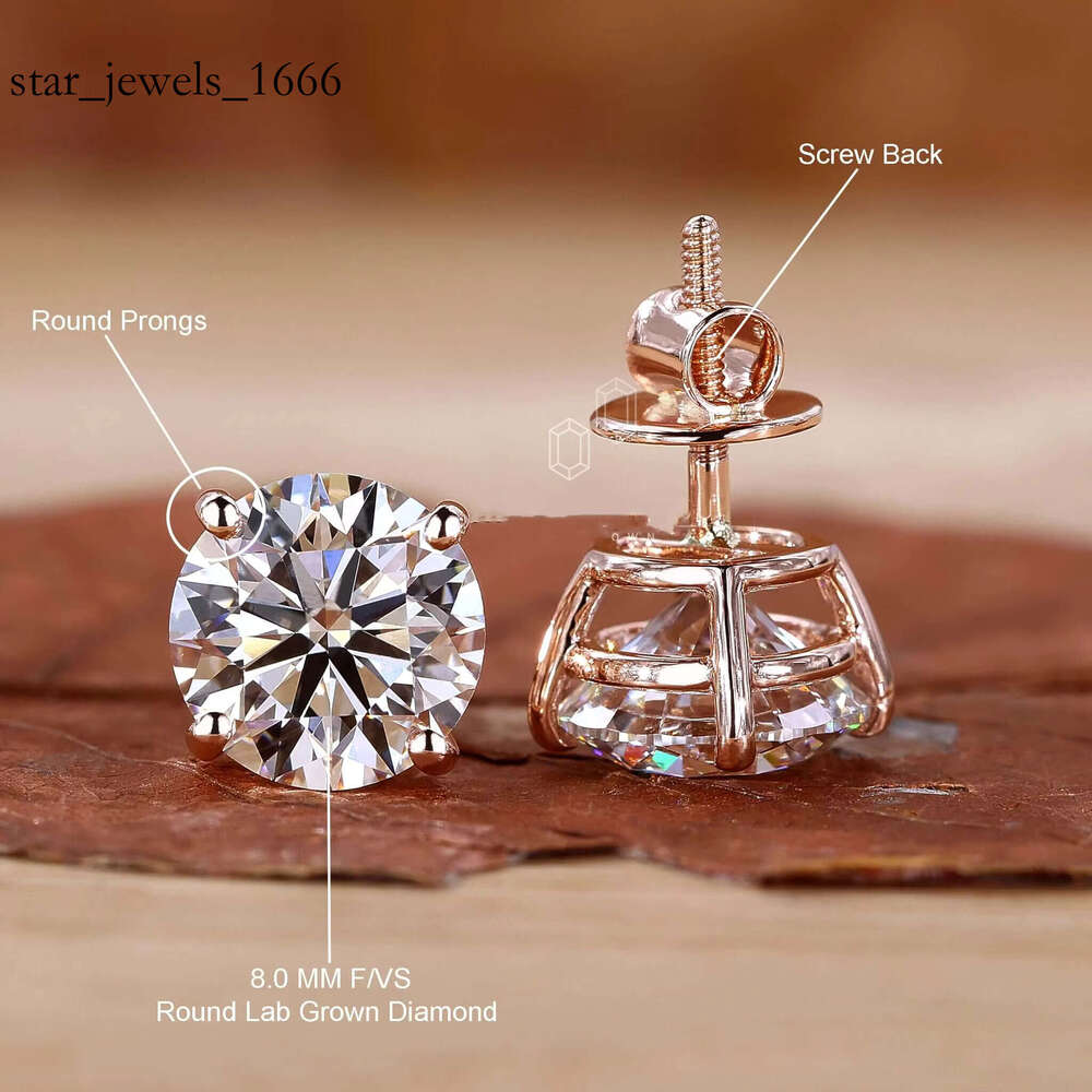 Rose Gold Round Lab Grown Stud for Women Sterg Sier Screw Back Natural Dia 8mm Classic Earrings