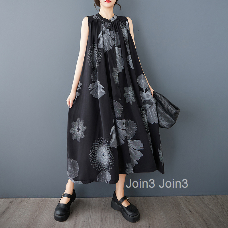 Spring/Summer New Fashion Korean Edition Sleeveless Stand Collar Printed Medium to Long Size Large Dress