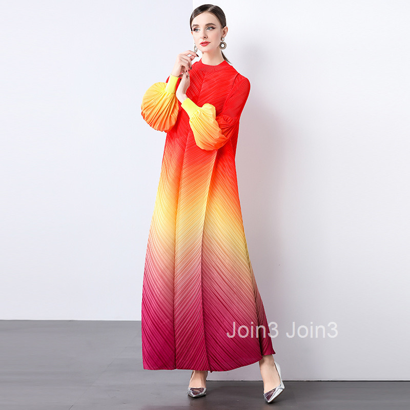 pleated gradient long skirt womens fashion temperament loose plus long sleeved stand up collar dress