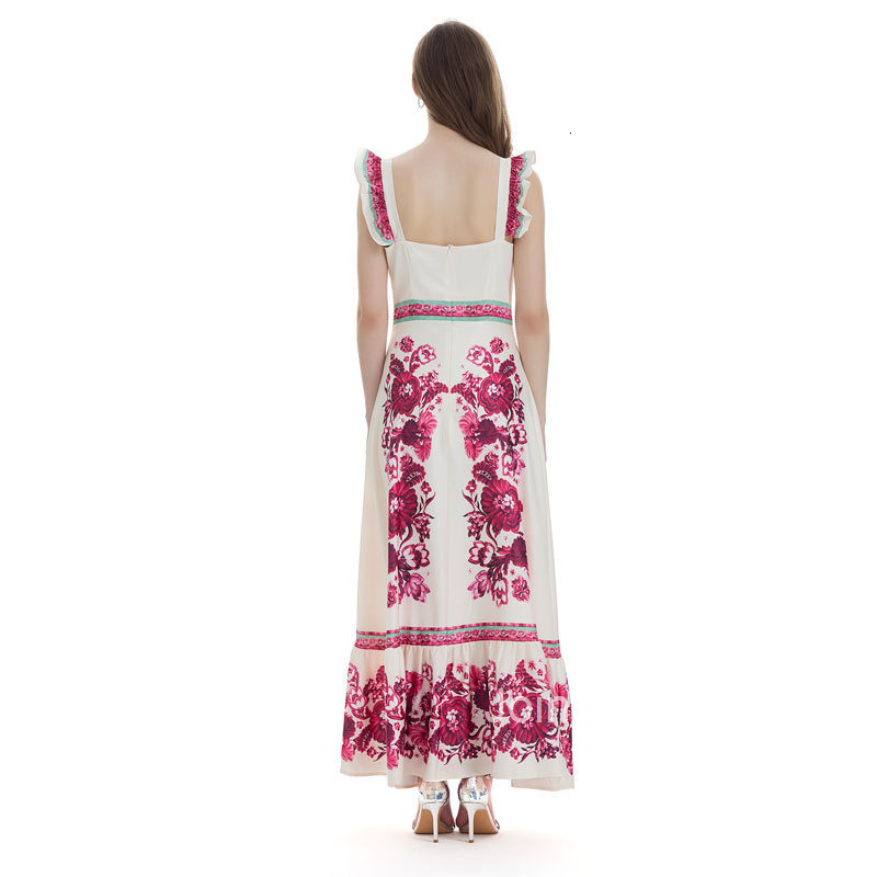 summer new womens printed ruffle edge suspender long skirt slim fit high waist A-line dress