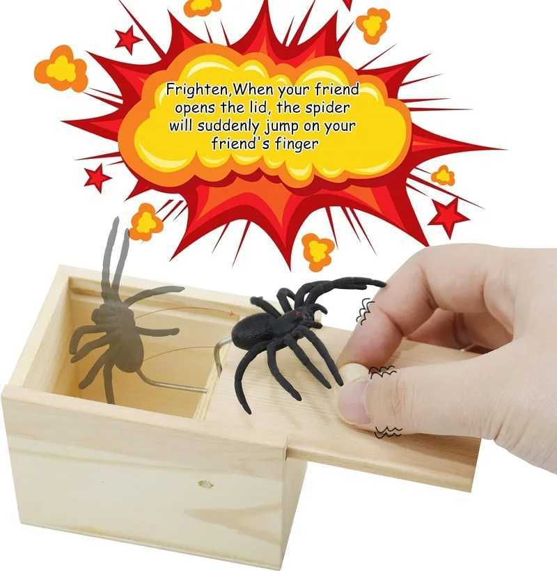 Spider Prank Box Pop Out Rubber Spider Handmade Wooden Scare Box Games Fun Surprise Joke Prank Trick Toy for Kids Halloween Gift Z250220