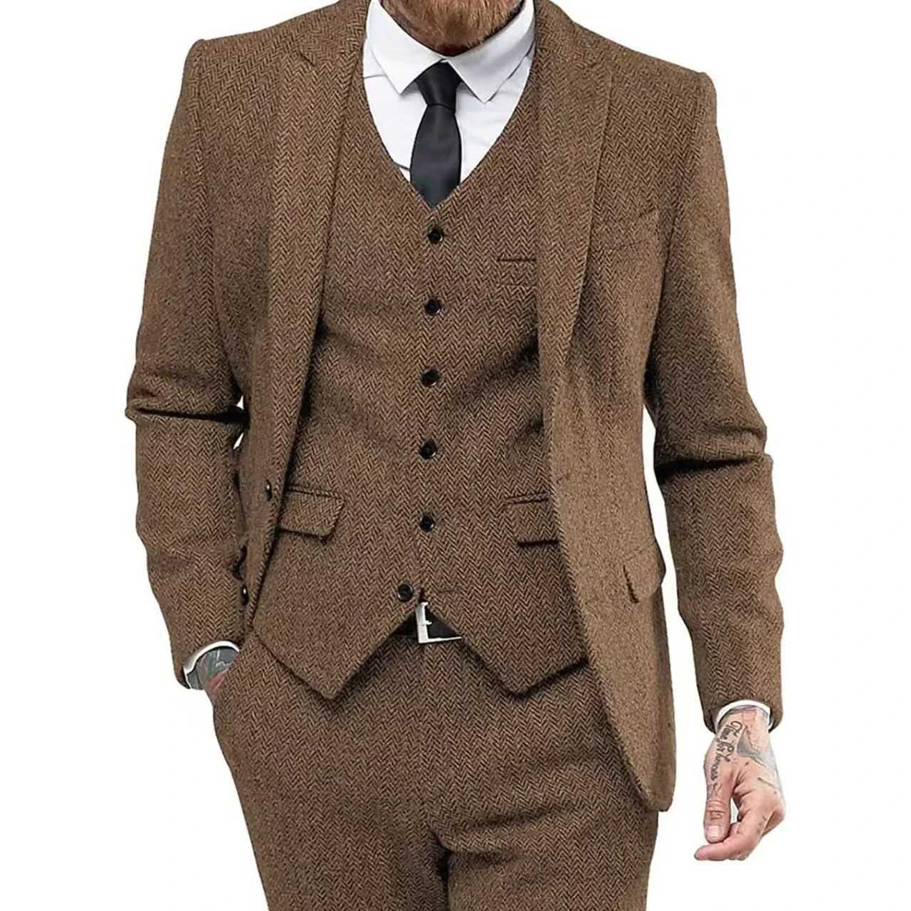Retro herringbone suit mens fashionable retro tailcoat suit set 3-piece jacket vest and pants set for wedding business night partiesXJ250222