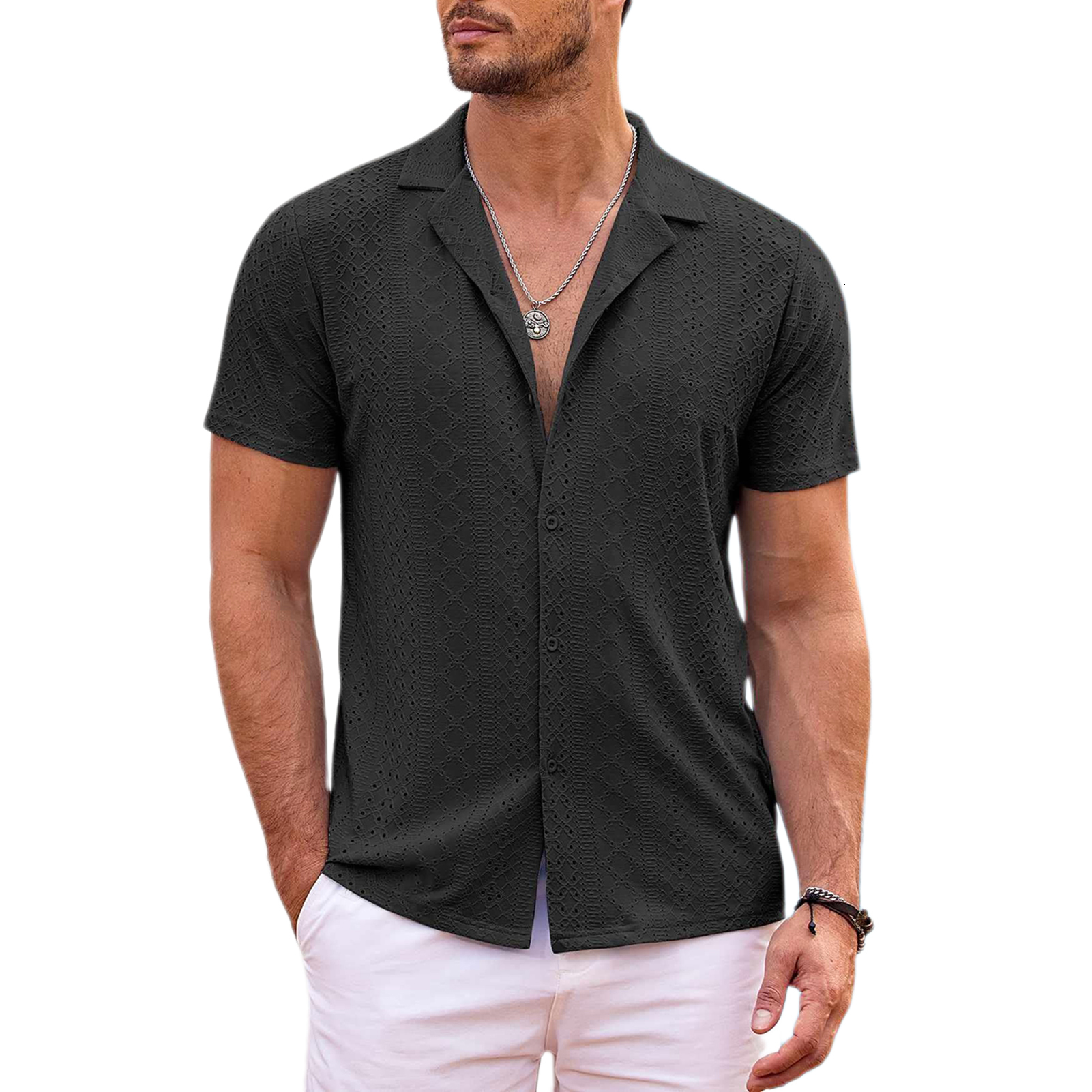 Men's Short Sleeved Shirt Button Men's Loose Casual Beach Wear Men's Designer Shirt Summer Hollow Out Quick Drying Breathable Shirt Vac