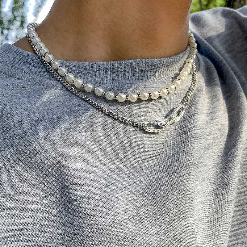 Punk Hip Hop Necklace Retro Creative Geometric Design Pearl Chain Necklace for Women Men Personality Choker Jewelry GiftsXJ250222