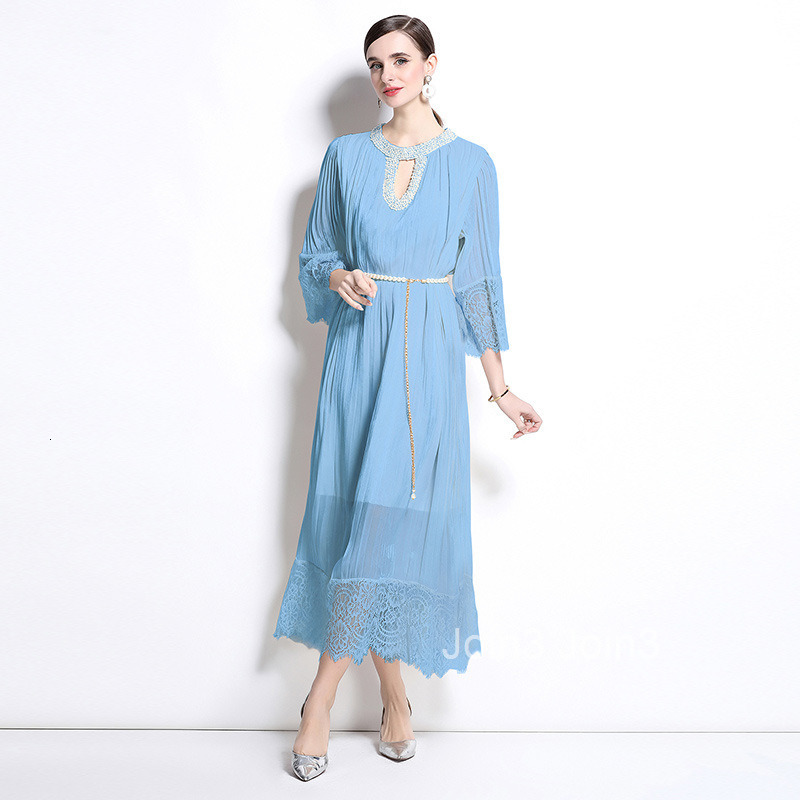 Spring New Womens Style Lace Splicing pleated Long Dress Large Loose Nail Bead Dress