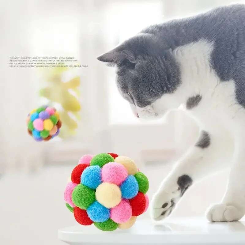 3PCS Toys Plush Toy Pet Elastic Bell Self Hi Playing Cat Colorful Woolen Ball