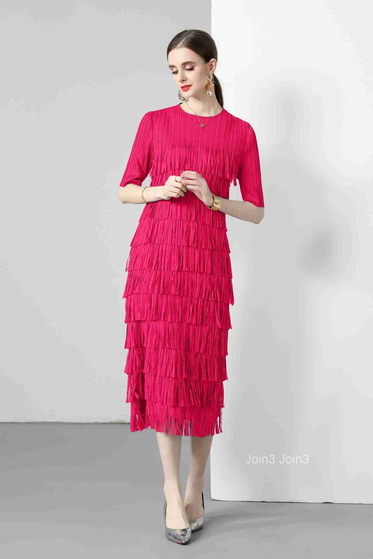 Summer New Womens Pleated Multi-layer Tassel Cake Skirt Solid Color Mid Sleeve Slim Fit Dress