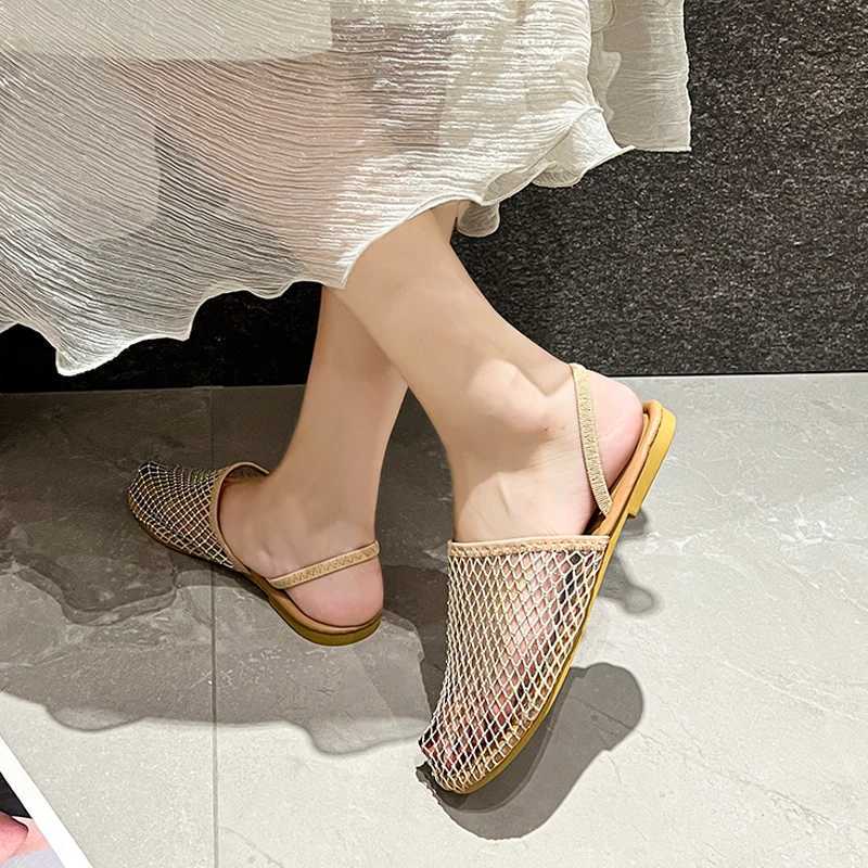 Nude Color Fishnet Mule Slides Woman Luxury Rhine Mesh Flat Sandals Ladies Summer Casual Net Shoes Plus SizeXJ250221