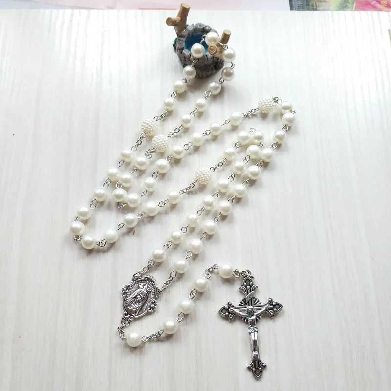 QIGO White Acrylic Pearl Long Catholic Necklace Cross Pendant Rosary Necklace Religious JewelryXJ250222
