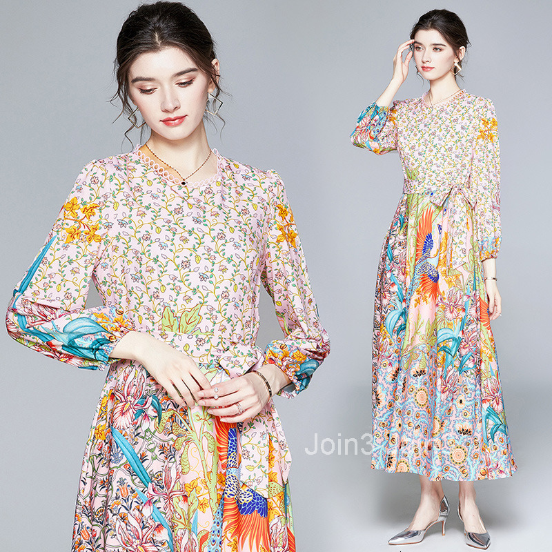 Small Clear Skirt Printed Long Sleeve Lace with Waist to Look Thin Dress Big Swing