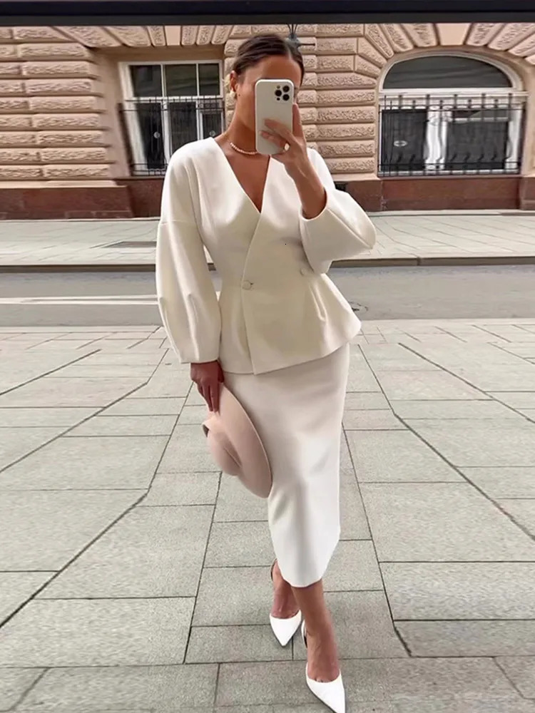 Elegant Puff Sleeve Slim Fit High Waist Women Coat Skirt Sets Fashion V Neck Solid Button Lady 2 Piece Set 2025 Chic Street Wear 250222