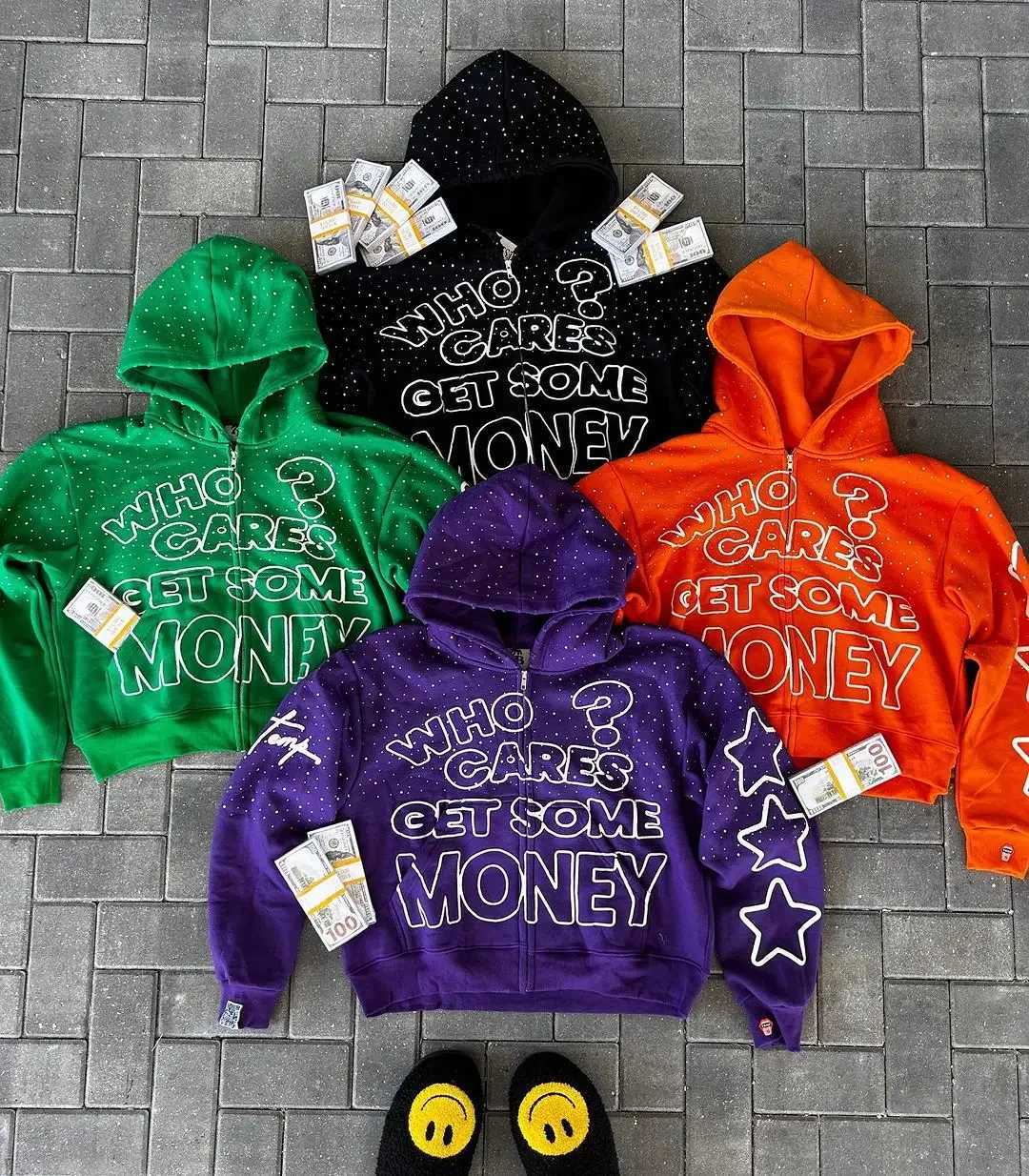 2024 American New Trend Who Cares Get Some Money Printed Zipper Sweater Mens and Womens Y2K Harajuku Hip Hop Goth Casual Coat W250222
